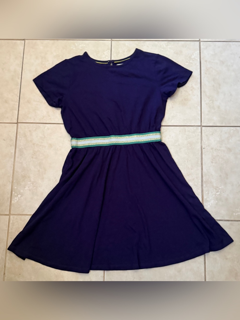 Mini Boden Navy Dress with Green and Gold Glitter Waistband
